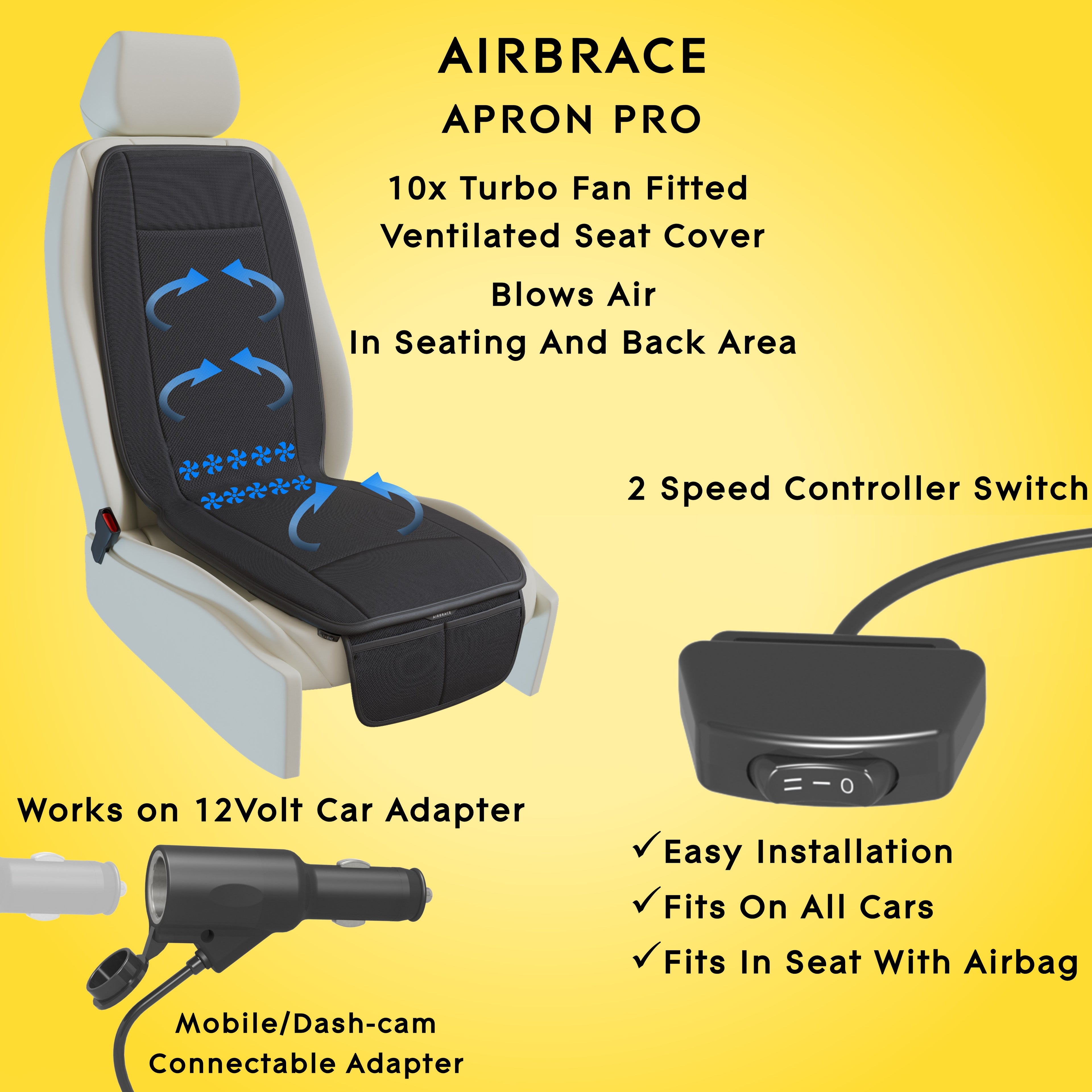Apron Pro (2025 Model) | 10x Inbuilt Fan Fitted Ventilated Seat Cushion | Cooling Seat Cushion | Car Accessory | Suitable for All Cars (Black)